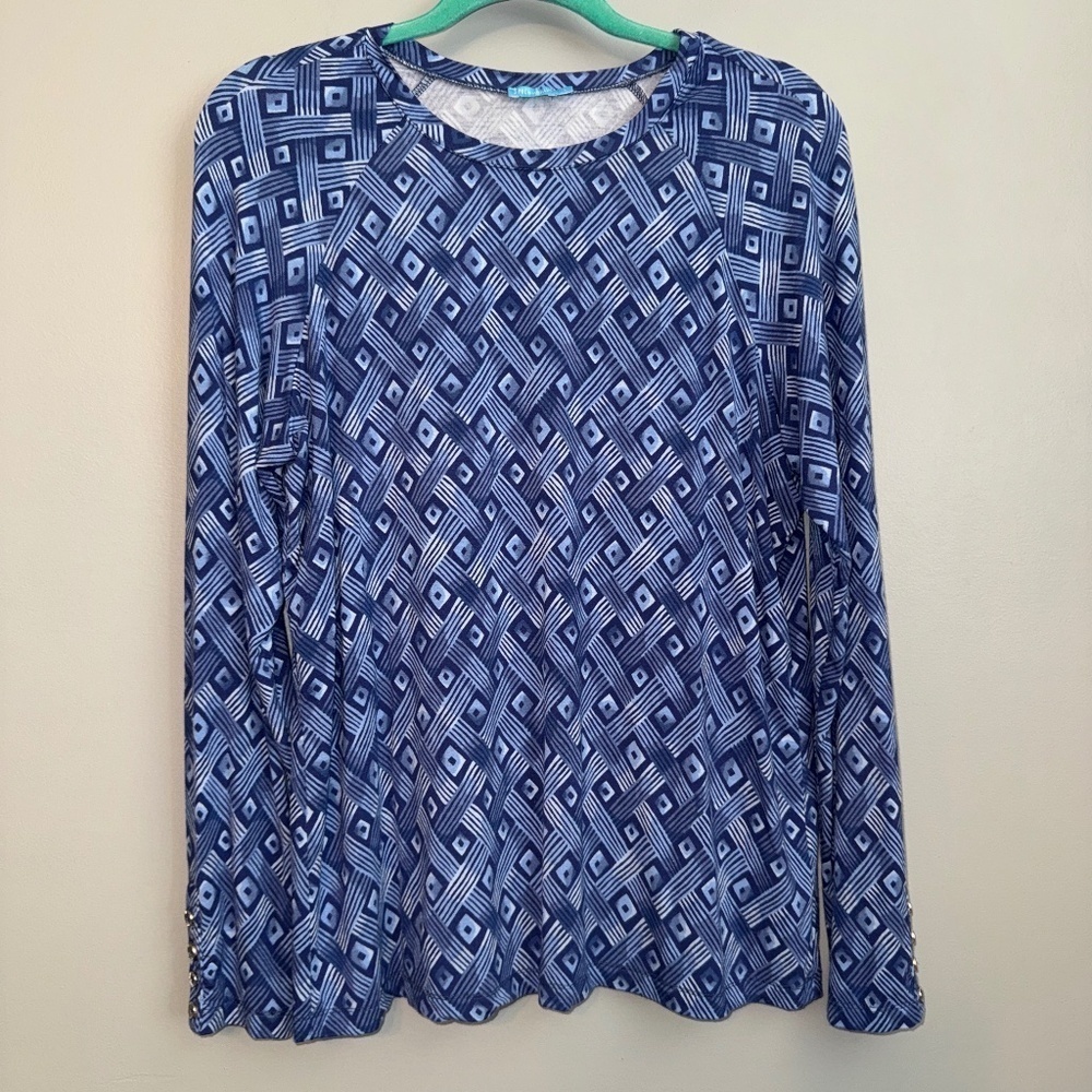 EUC J. McLaughlin Jana Long Sleeve Top in Blue Geometric Print Size Large